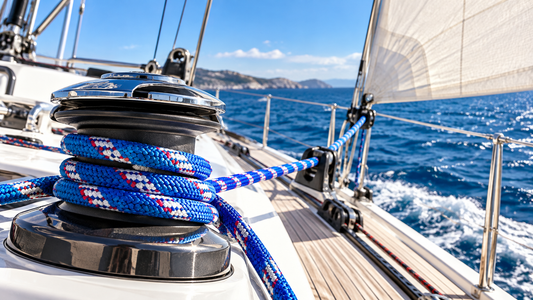 Écoute de génois en cordage nautique bleu sur winch de voilier