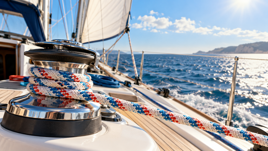 Écoute de voilier enroulée sur un winch, navigation en mer